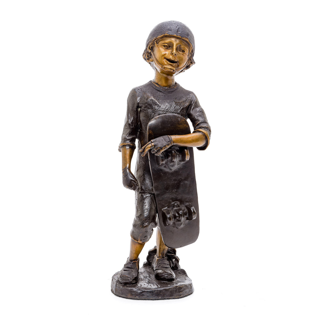 Bronze sculpture of a boy with his skateboard, embodying the urban skate culture