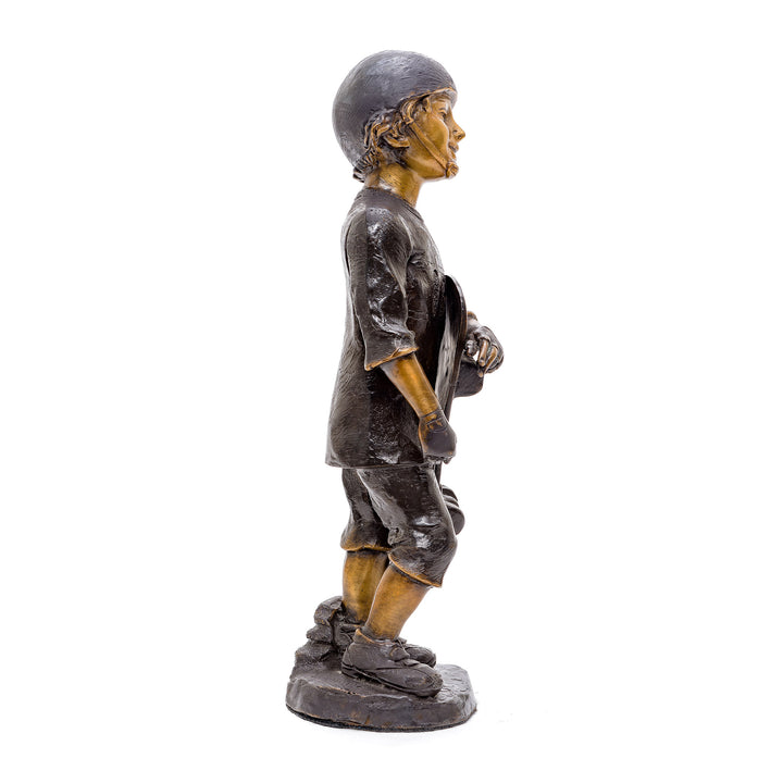 Contemporary bronze artwork of a boy and his skateboard, showcasing street sport fashion