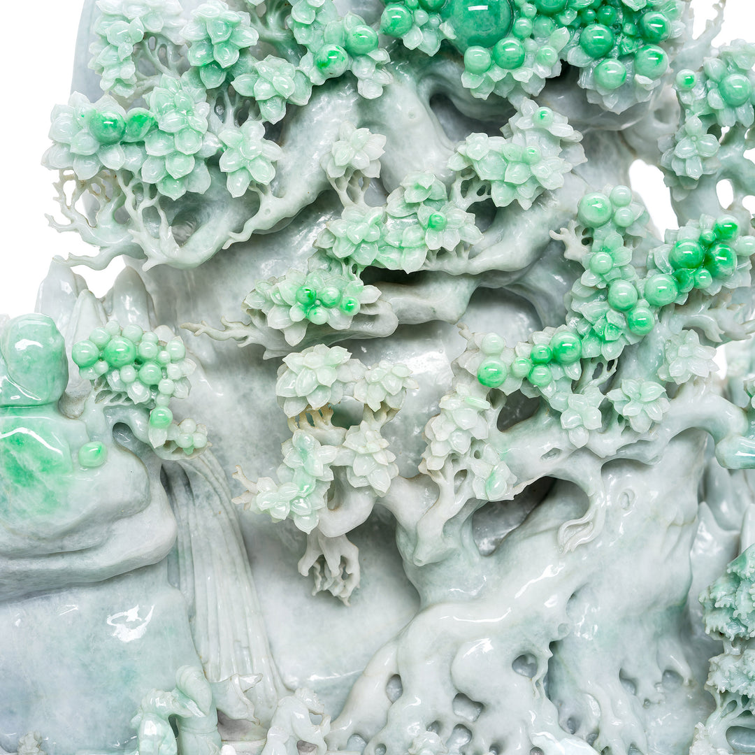 Artisan-Crafted Jadeite Landscape with Spiritual and Nature Themes.