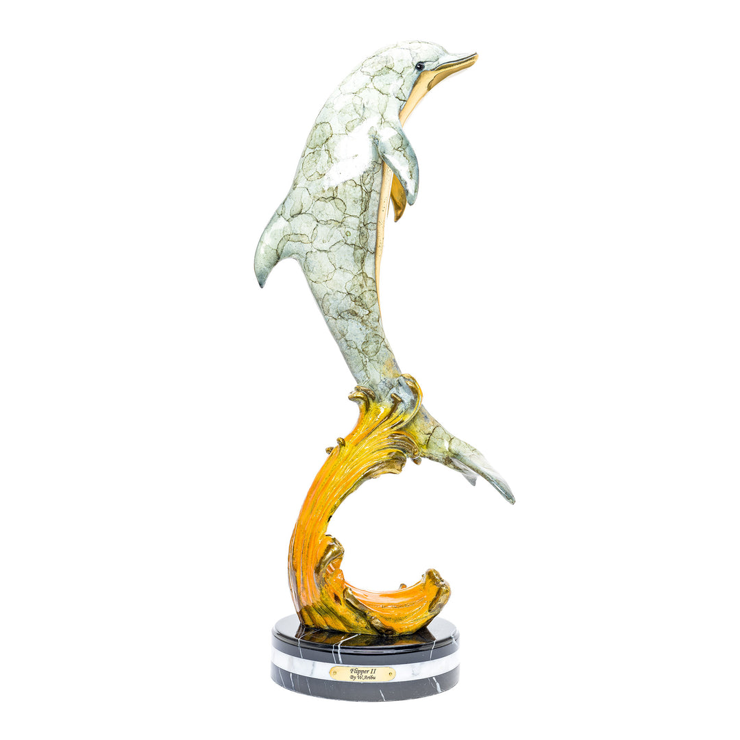 Lifelike all-bronze dolphin sculpture with a custom patina finish.