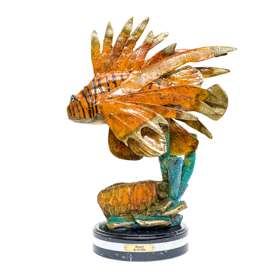 Handcrafted bronze lionfish statue with vibrant patina finish.