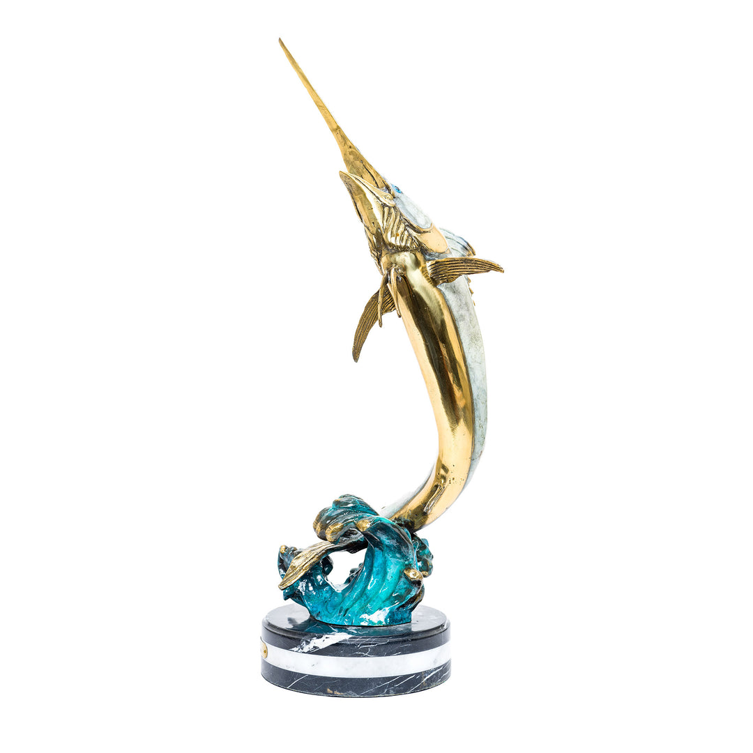 Dynamic leap of a swordfish in bronze.