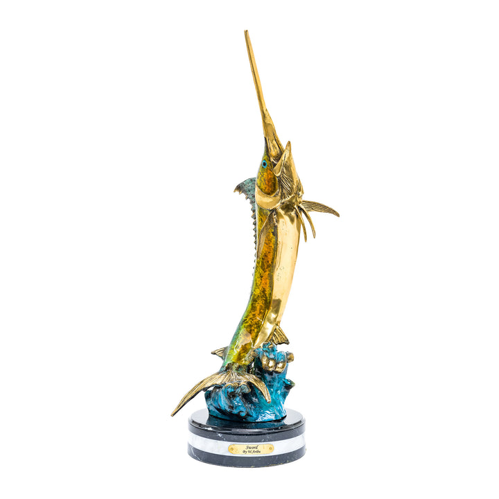 Bronze swordfish sculpture on marble base.