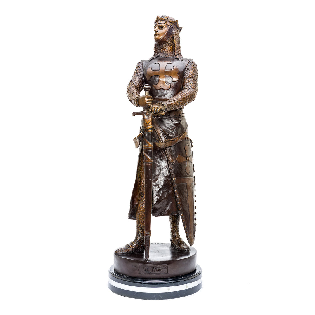 Bronze Roman soldier sculpture on marble base.