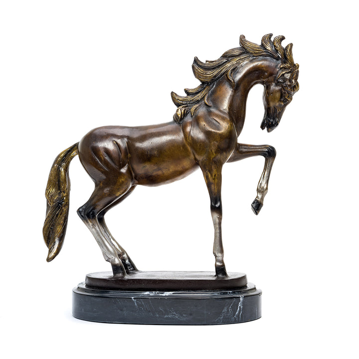 Artistic bronze horse figurine with rich patina.