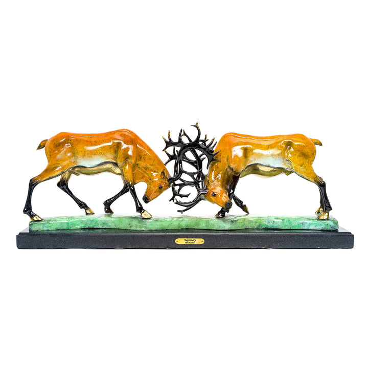 Dynamic bronze sculpture of elks fighting with custom patina