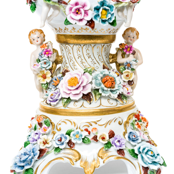 Elegant Dresden vases with colorful cherub and flower details