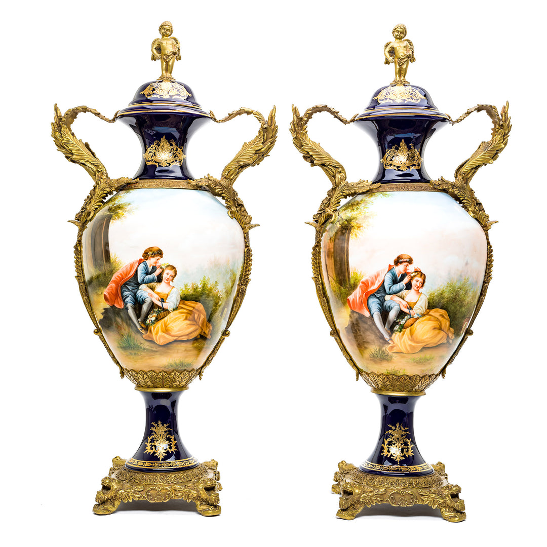 Cobalt porcelain vase with Doré bronze romantic scene.