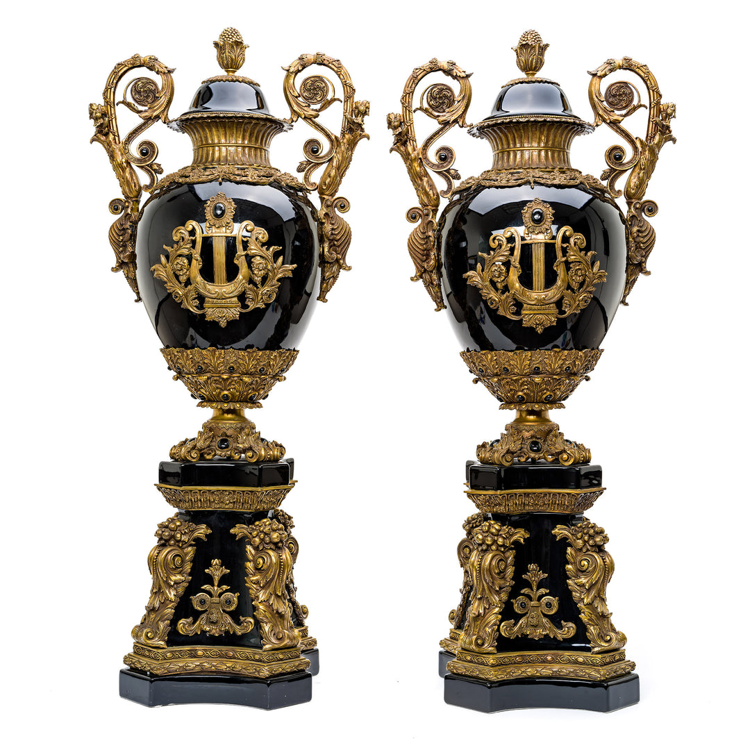 Black porcelain vases with gold bronze detailing