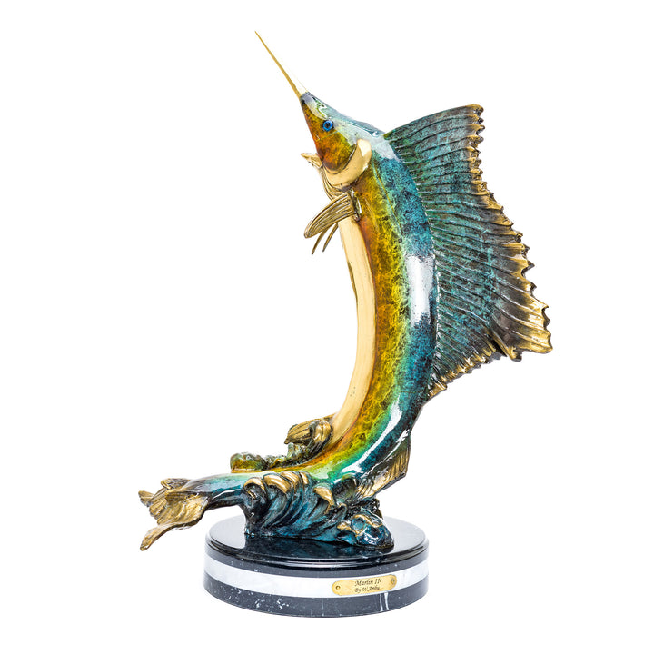 Bronze marlin sculpture on marble base