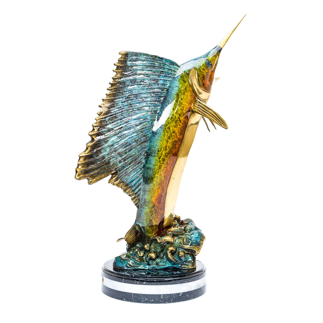 Dynamic bronze statue of a leaping marlin