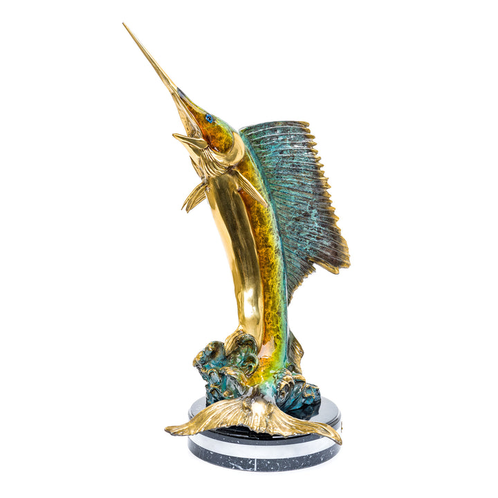 Marine life bronze art of a leaping marlin