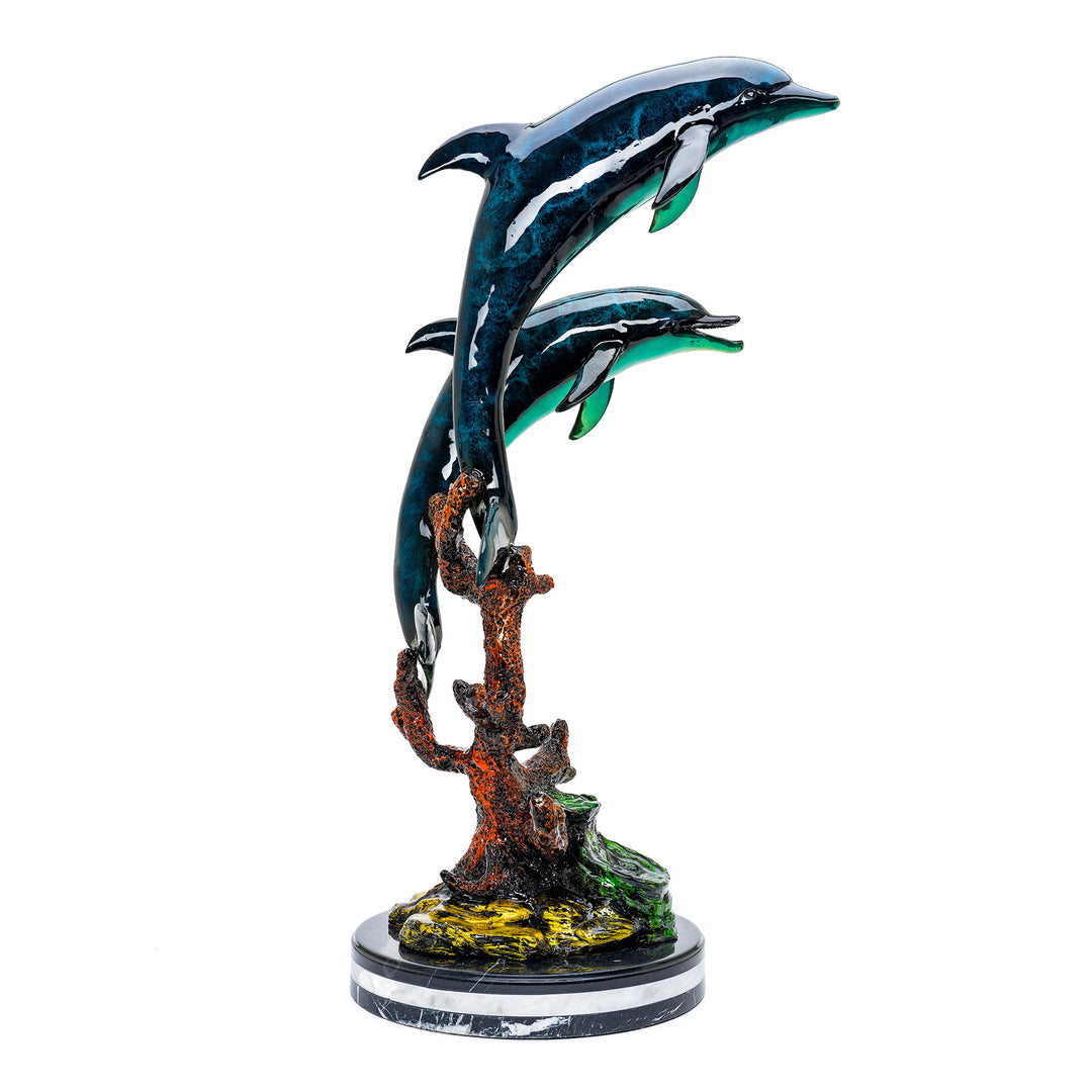 Vibrant bronze dolphins leaping in ocean colors