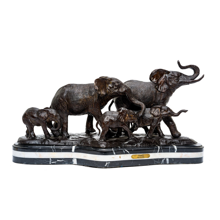 Majestic bronze elephant herd sculpture with custom patina.