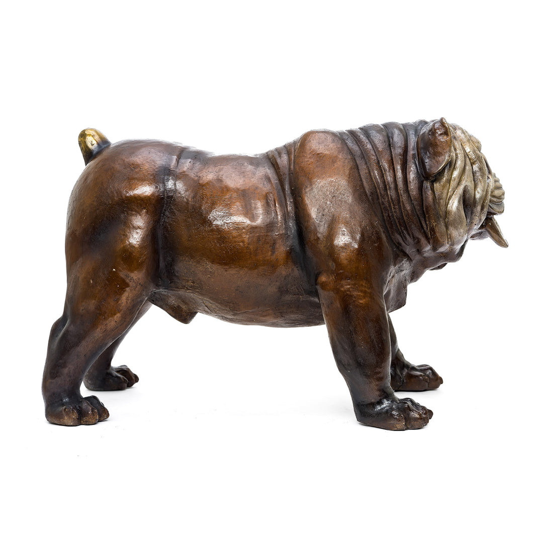 Artistic bronze bulldog figurine with muscular build.