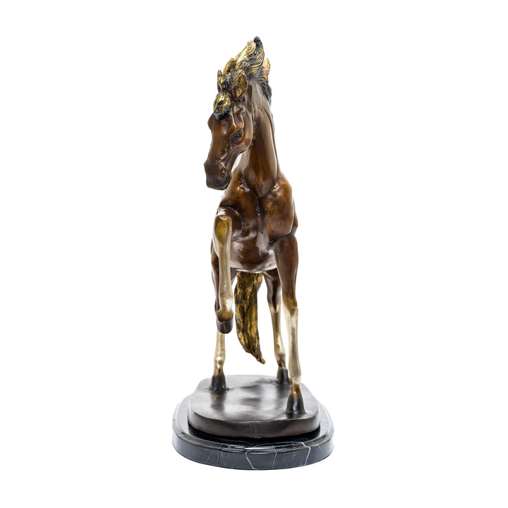 Artistic bronze horse figurine with rich patina.