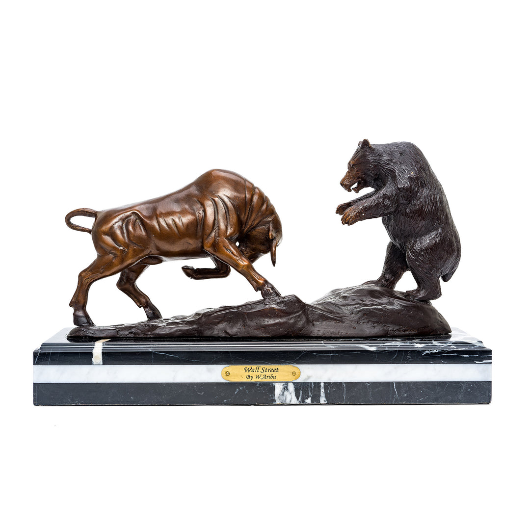 Dynamic bronze Bull and Bear sculpture with custom patina.