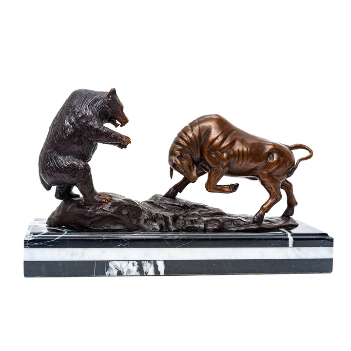 Custom patina bronze Bull and Bear on elegant marble base.