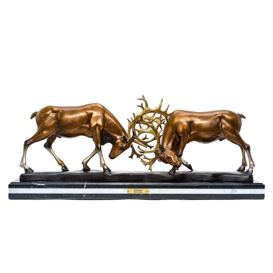 Majestic bronze fighting deer sculpture with custom patina.