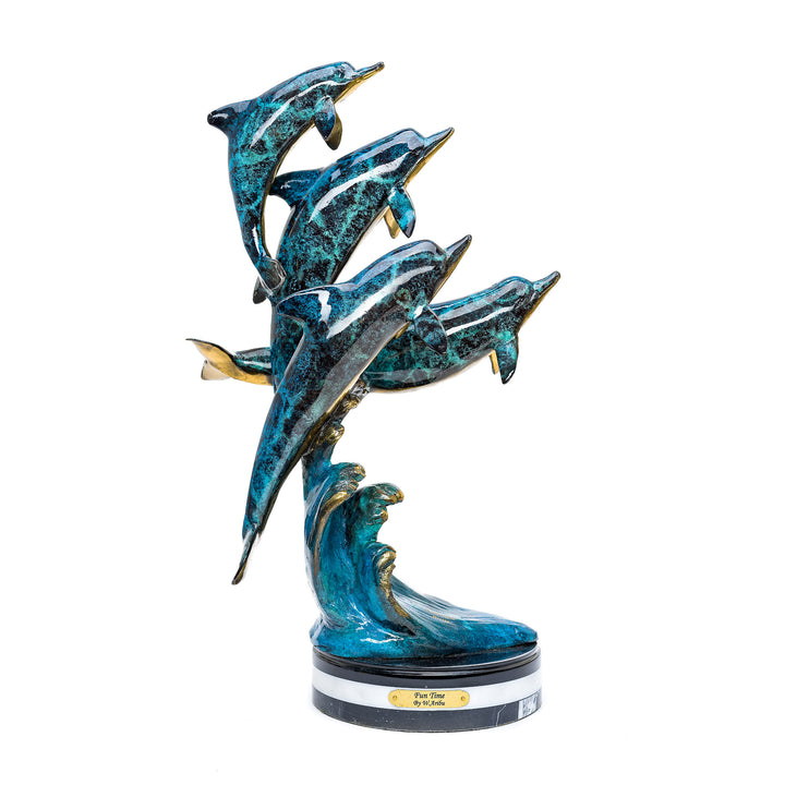 Vibrant bronze dolphin sculpture with custom patina