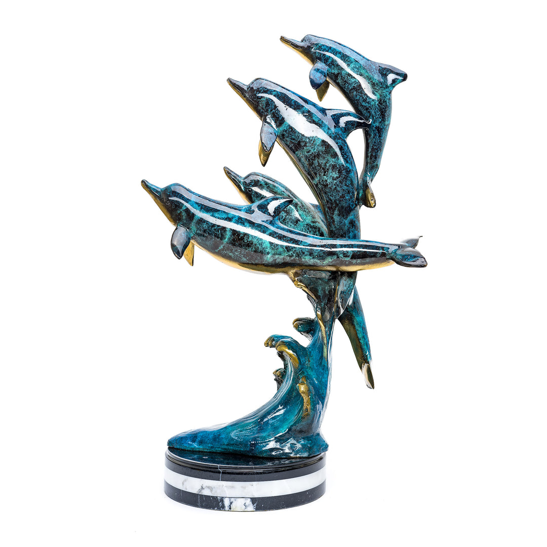 Playful bronze dolphins with unique patina