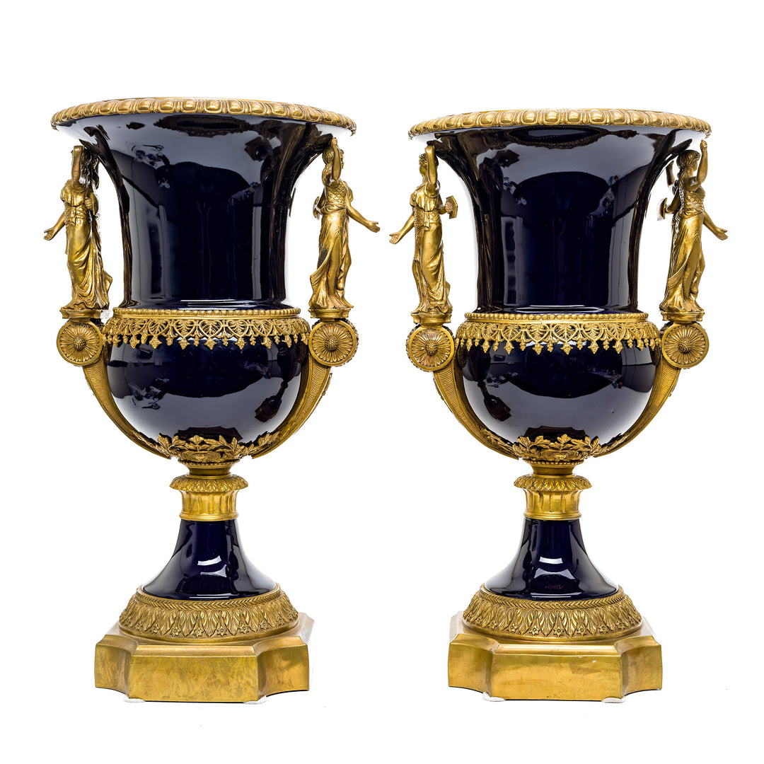 Cobalt blue porcelain vase with bronze figures