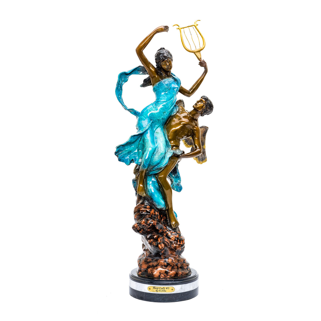 Bronze sculpture of Harp Lady with custom turquoise patina