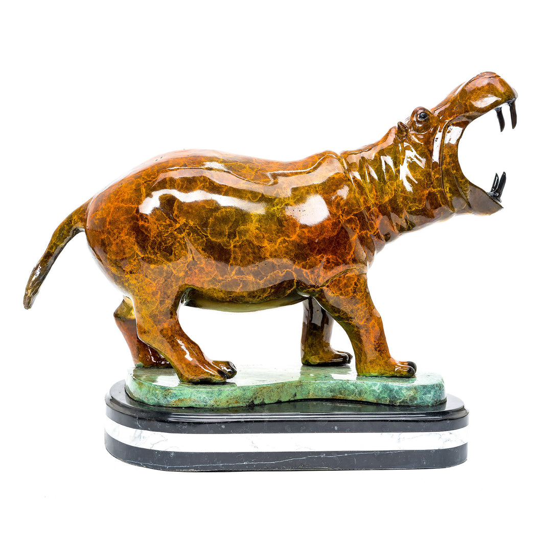 Vibrant bronze hippo statue on marble base