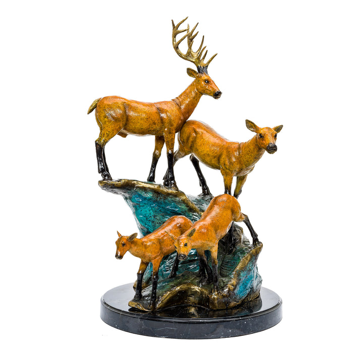 Majestic bronze deer family sculpture with custom patina.