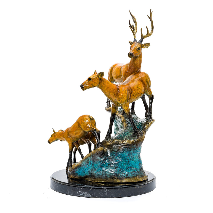 Custom patina bronze deer family on elegant marble base.