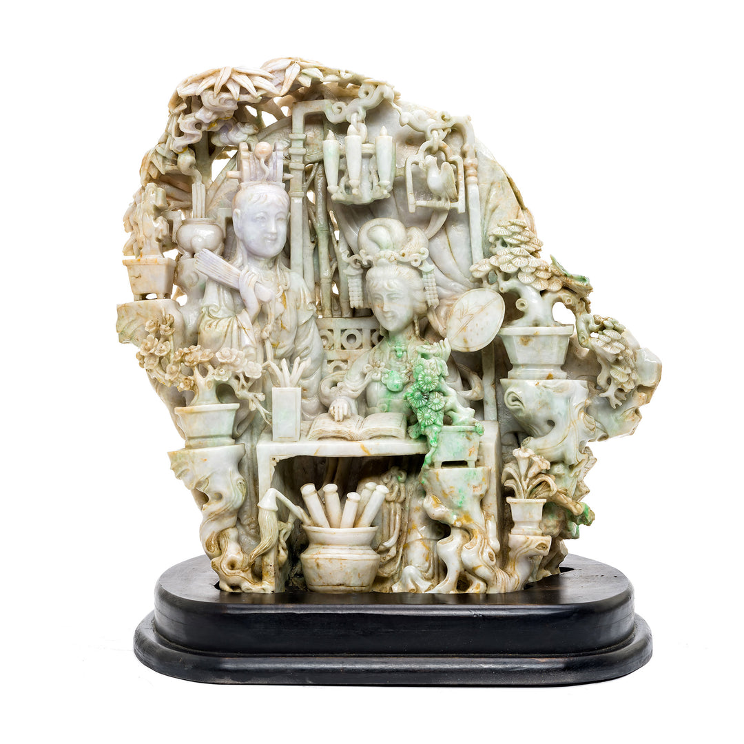 Intricate jade grouping statue on wood base
