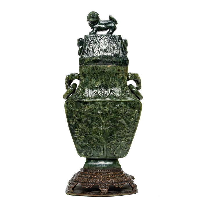 Stunning spinach jade urn with bronze base