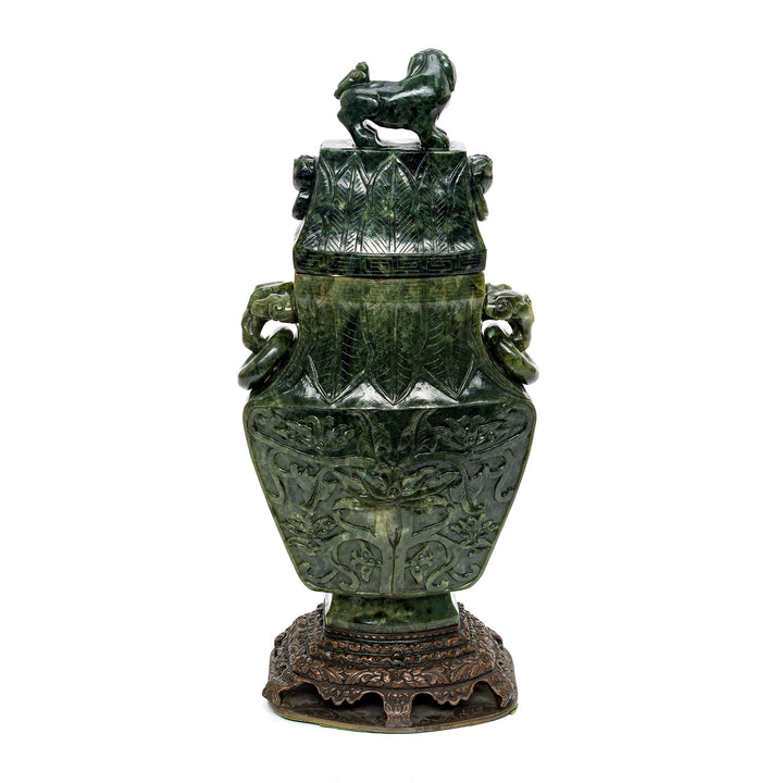 Full view of spinach jade urn with lion handle