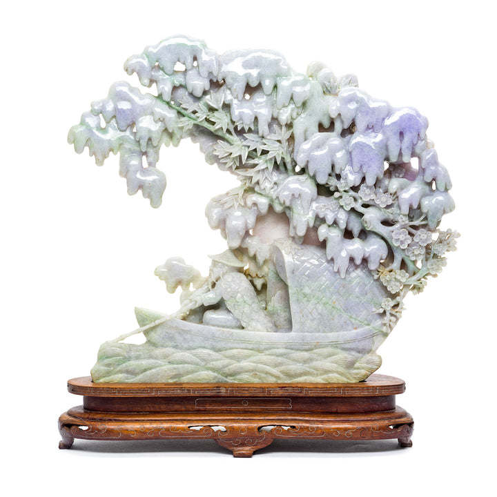 Lavender jade fisherman statue with wood base