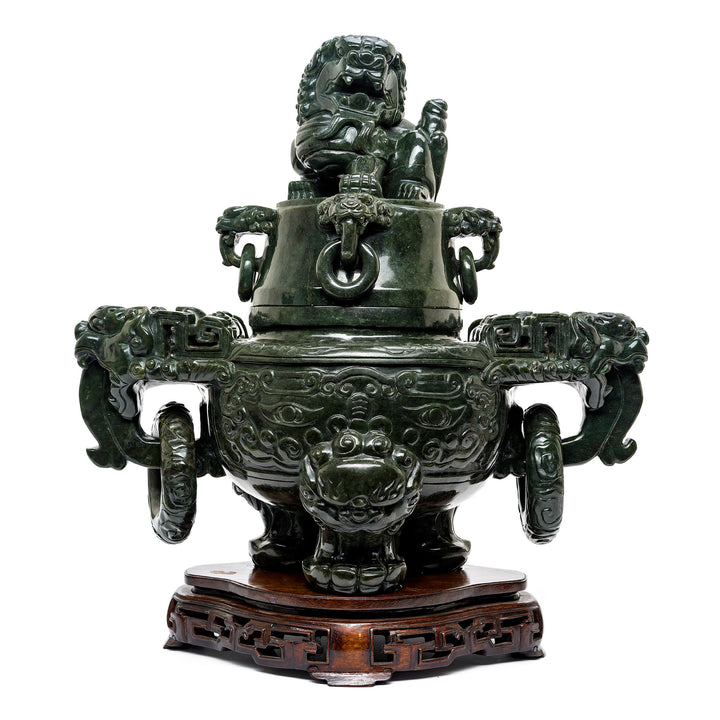 Spinach green jade incense burner with wood base