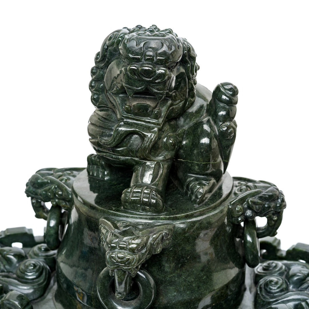 Close-up of guardian lion on jade burner lid