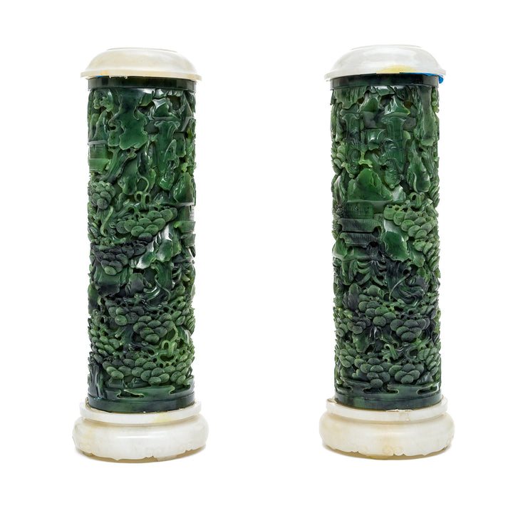 Pair of jade cylinders with jade bases and tops