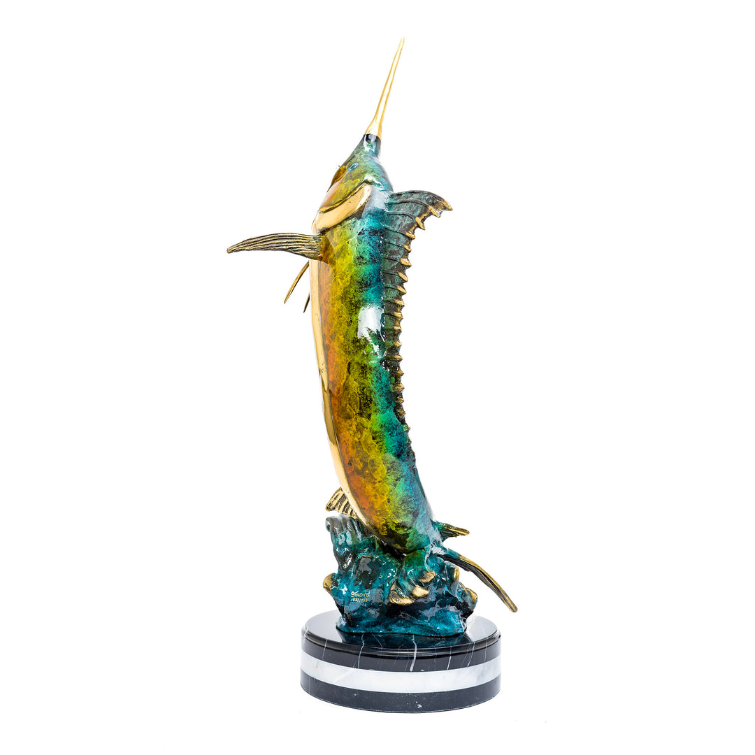Majestic bronze swordfish statue with intricate detailing.