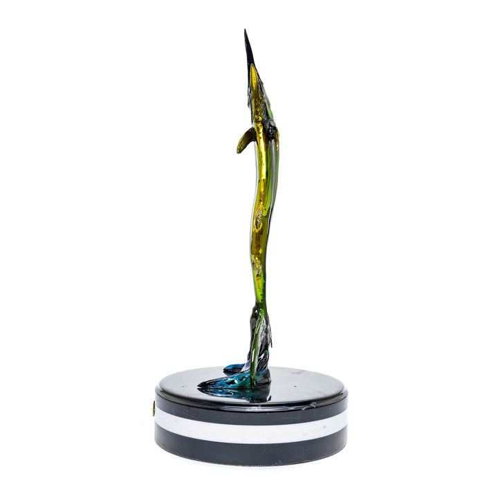 Dynamic bronze marlin sculpture on marble base