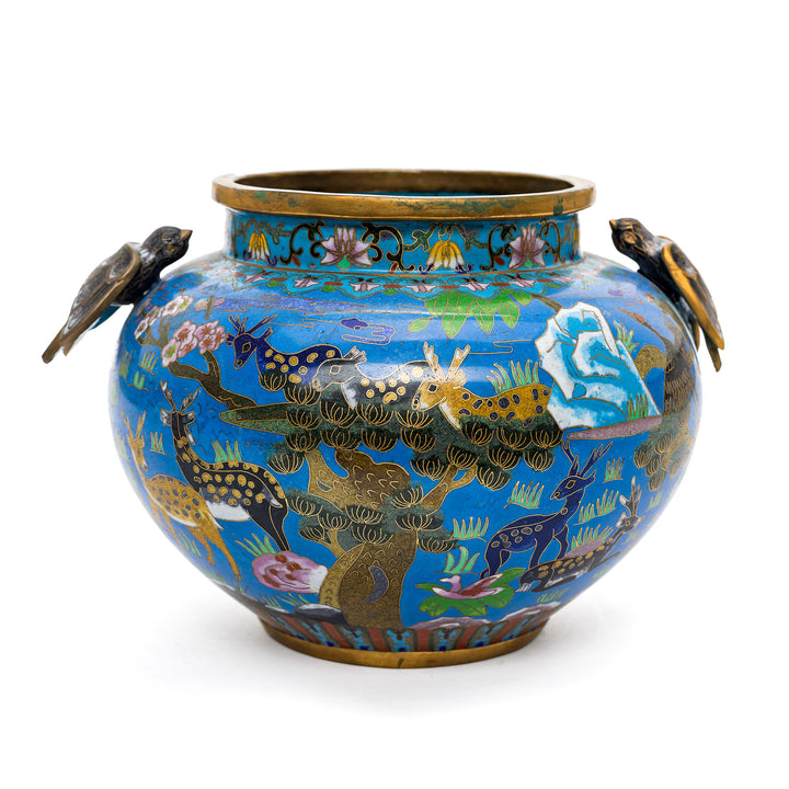 Vintage cloisonné enameled metal jar with deer and cranes