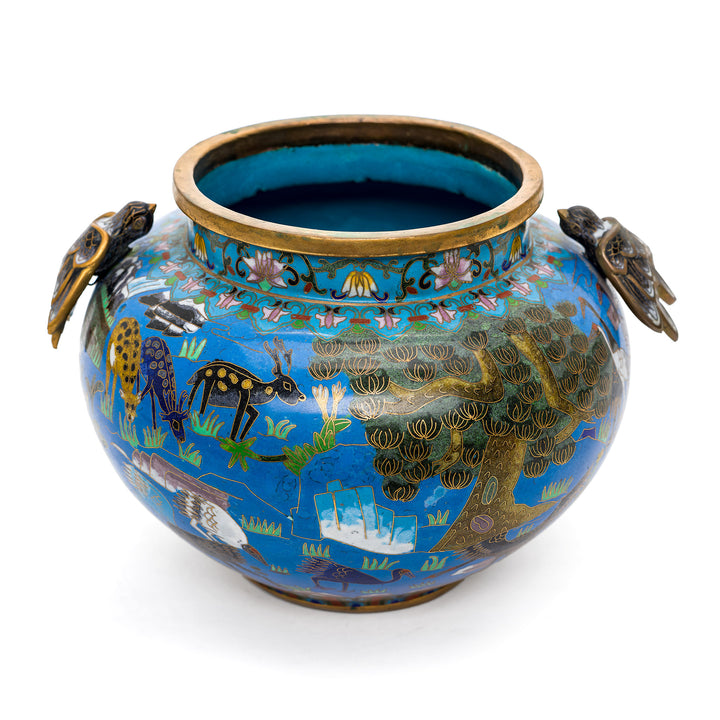 Beautiful cloisonné decorative jar with bird handles