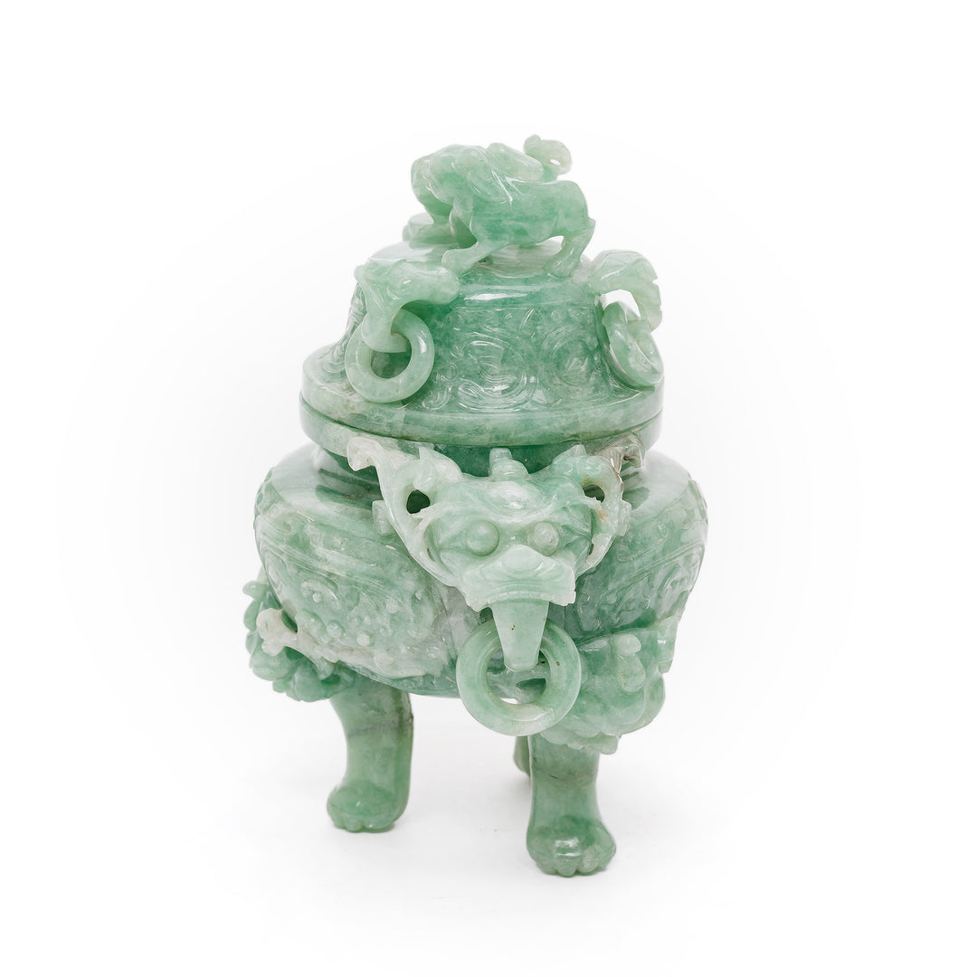 Side angle of jade incense burner showcasing intricate details