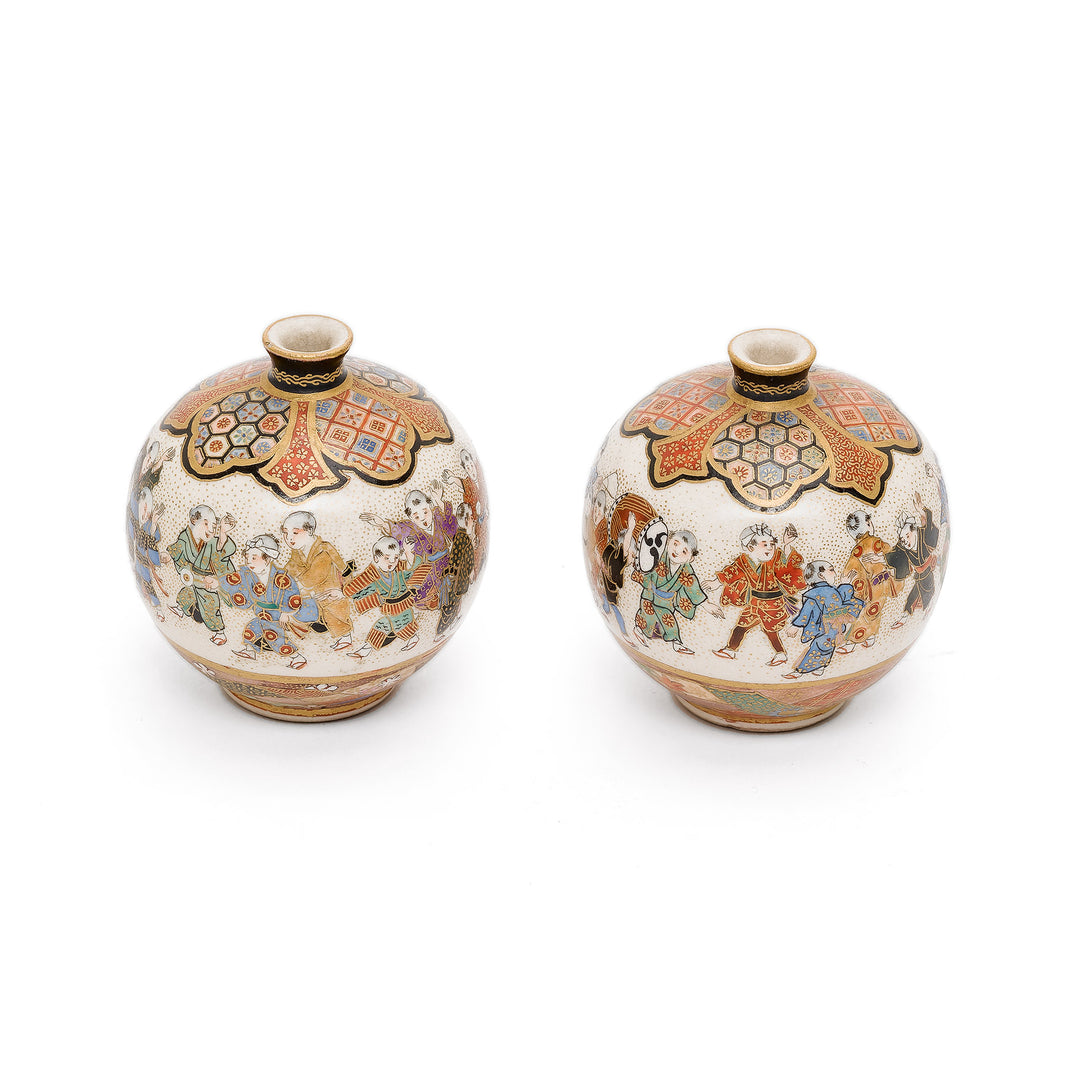 Top view of Japanese Satsuma vases with intricate designs