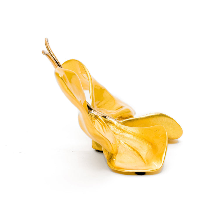 Rear angle of golden butterfly showing wing contours
