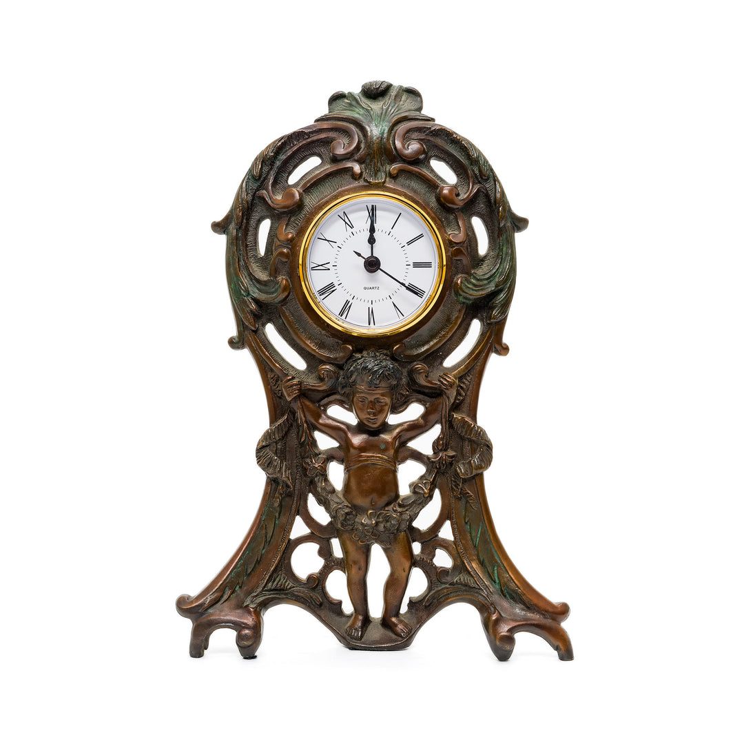 Art Nouveau bronze mantel clock with cherub