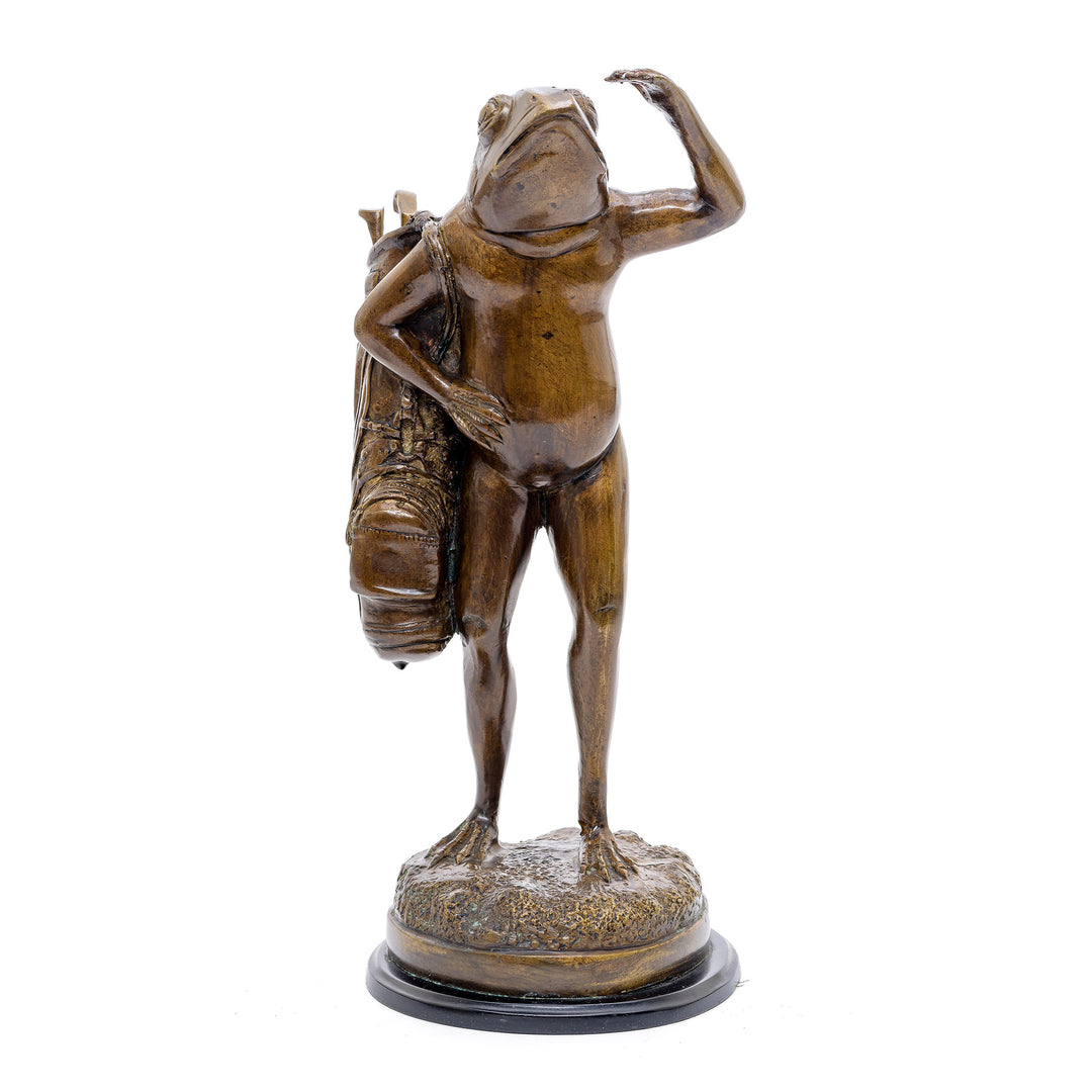 Whimsical bronze statue of a frog as a golf caddy.