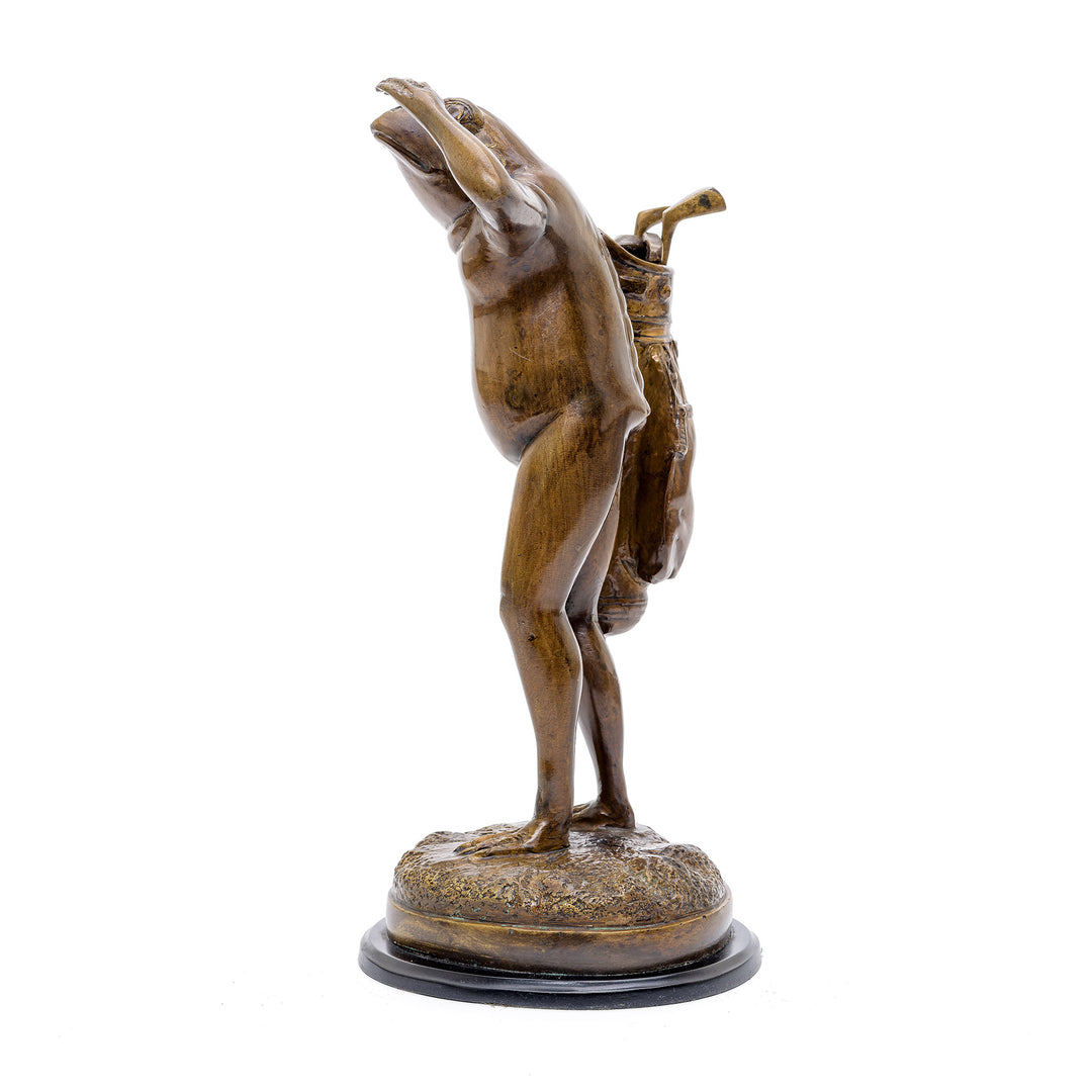 Unique sports art with bronze frog carrying golf bag.