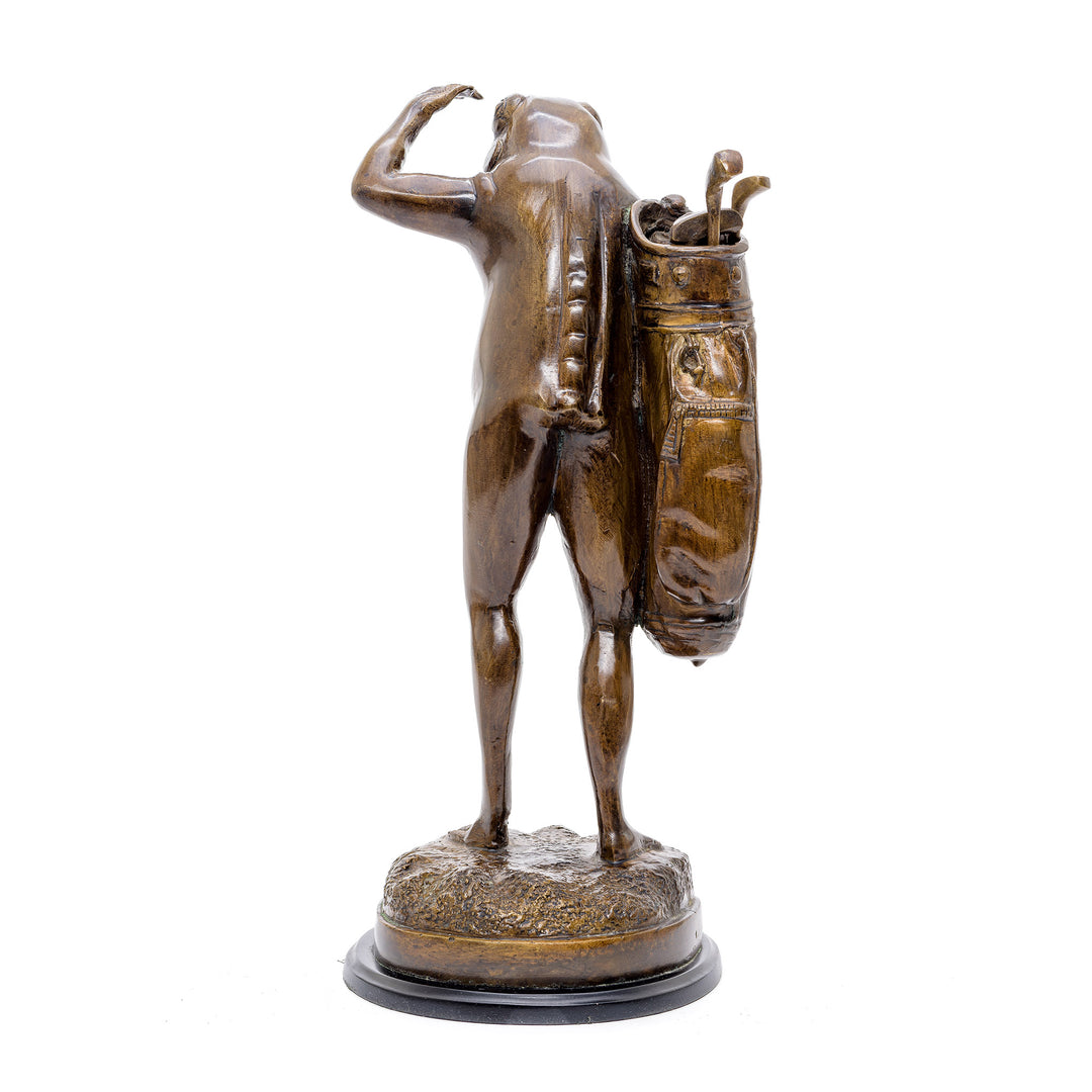 Playful golf course companion in bronze.
