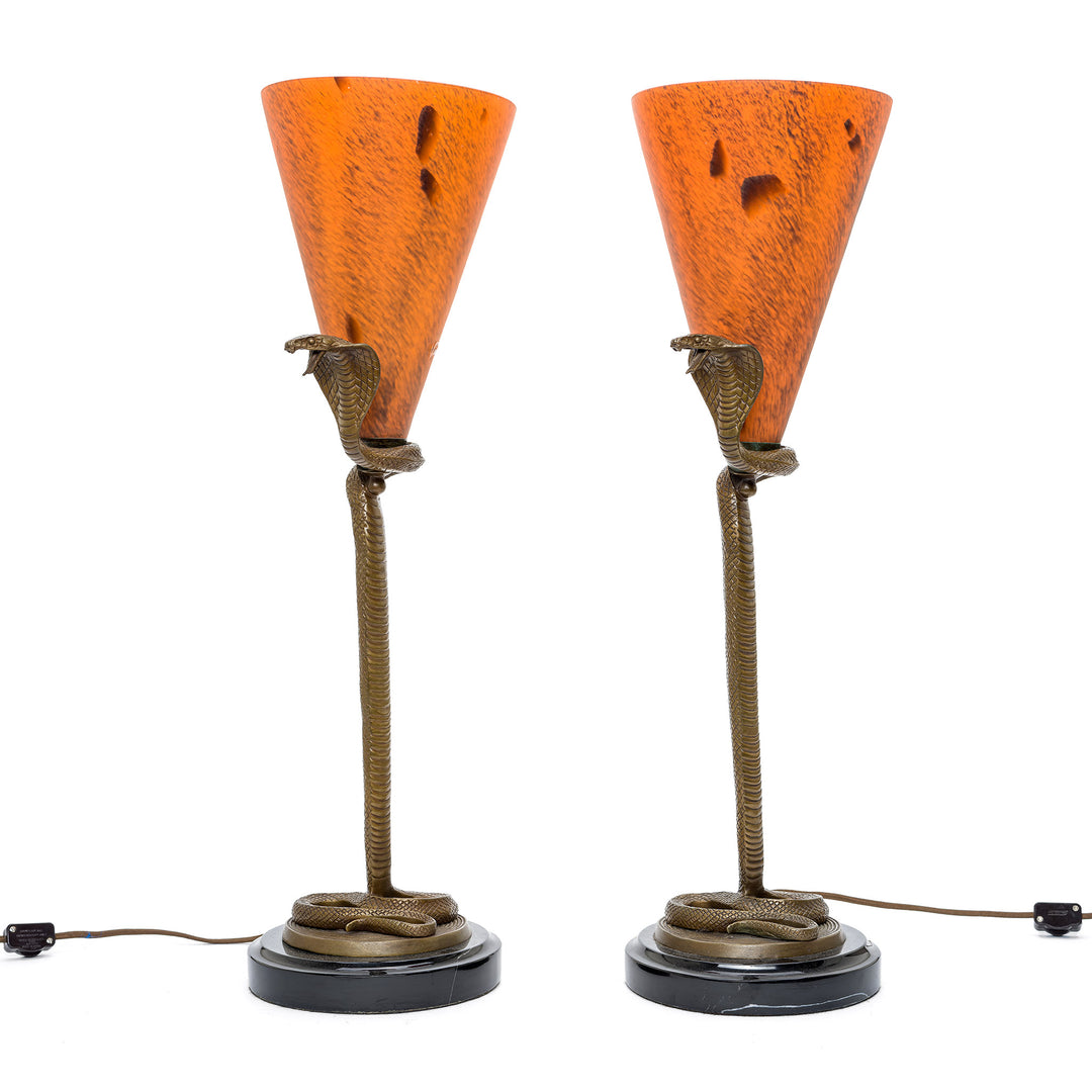 Pair of hand-blown lead crystal snake table lamps