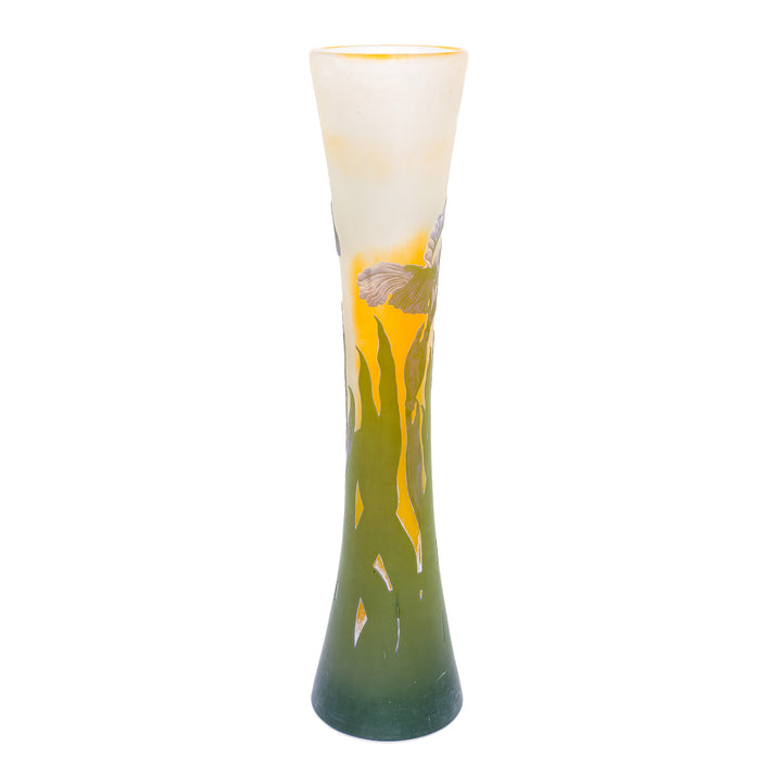Emile Galle signature cameo glass vase with elegant iris flowers.